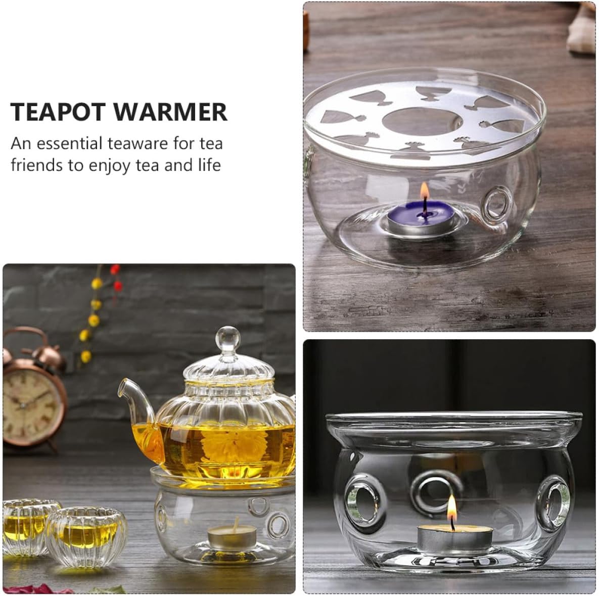 Uonlytech 2pcs Glass Teapot Warmer High Borosilicate Tea Heater Base Heat Stand for Home Office Coffee Shop Without Candle