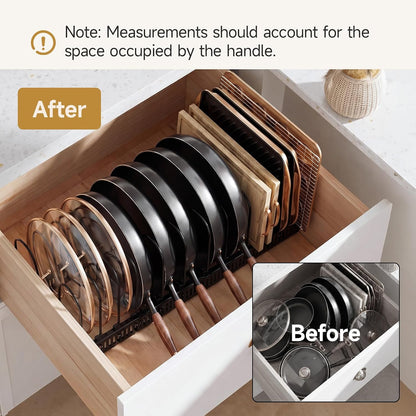 MUDEELA Pot Lid Organizer for Cabinet, Adjustable Baking Pan Rack 7 Slots | 7 Adjustable Divider, Tool-Free Assembly,Non-Slip, Scratch-Proof, Sturdy Metal Frame, For Pan Lid Cutting Board Bakeware