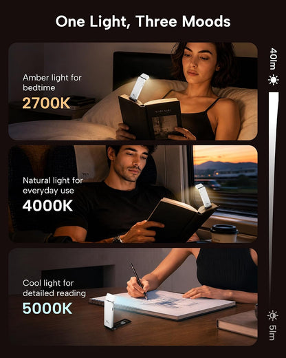 86lux Book Light, Rechargeable Clip-On LED Reading Light for Bed | 3 Color Temperatures with Stepless Dimming, Ultralight Bookmark Design for Book Lovers, Grey