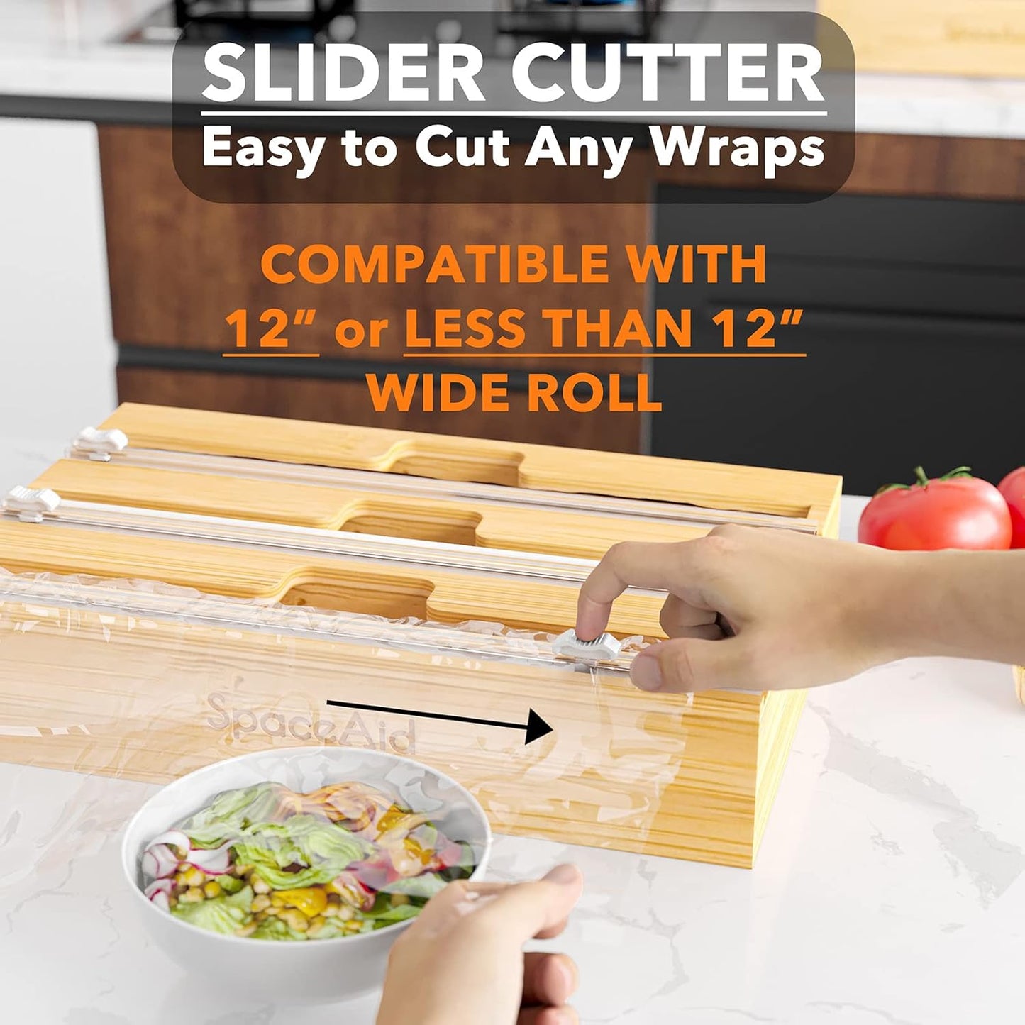 SpaceAid WrapNeat 2 in 1 Wrap Organizer with Cutter and Labels, Plastic Wrap, Aluminum Foil and Wax Bamboo Dispenser for Kitchen Storage Organization Holder for 12" Roll (Natural)