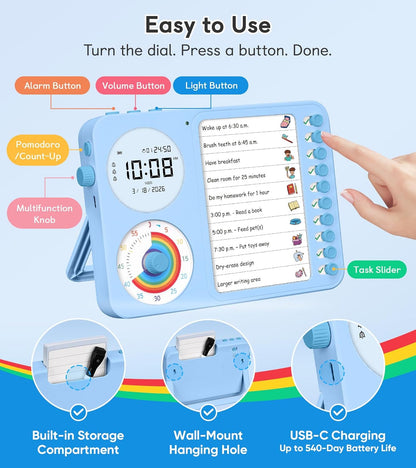 3-in-1 Visual Timer & ADHD Tool for Kids – ADHD Task Timer for Adults with Visual Schedule, Chore Chart & Planning Board for Home, School, Classroom, Work (Blue)