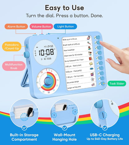 3-in-1 Visual Timer & ADHD Tool for Kids with Chore Chart & Planning Board | ADHD Timer with Digital Clock, Silent Task Timer for Adults with Visual Schedule for Home, School, Classroom, Work (Pink)