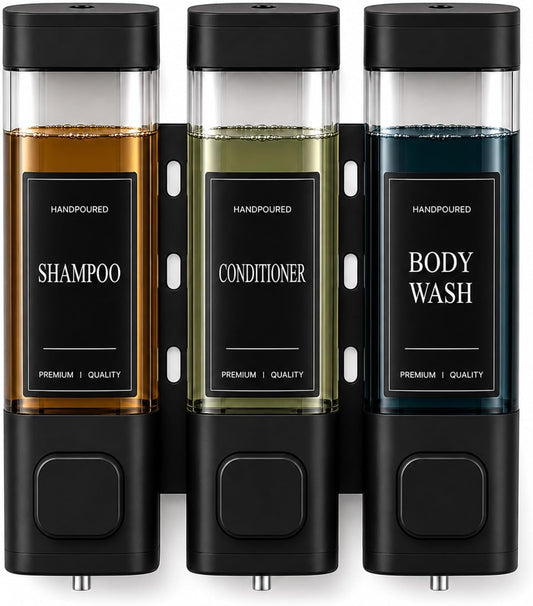 Shampoo and Conditioner Dispenser, Shower Soap Dispenser Wall Mounted, Shower Dispenser 3 Chamber No Drill for Bathroom Large Capacity (Silver)