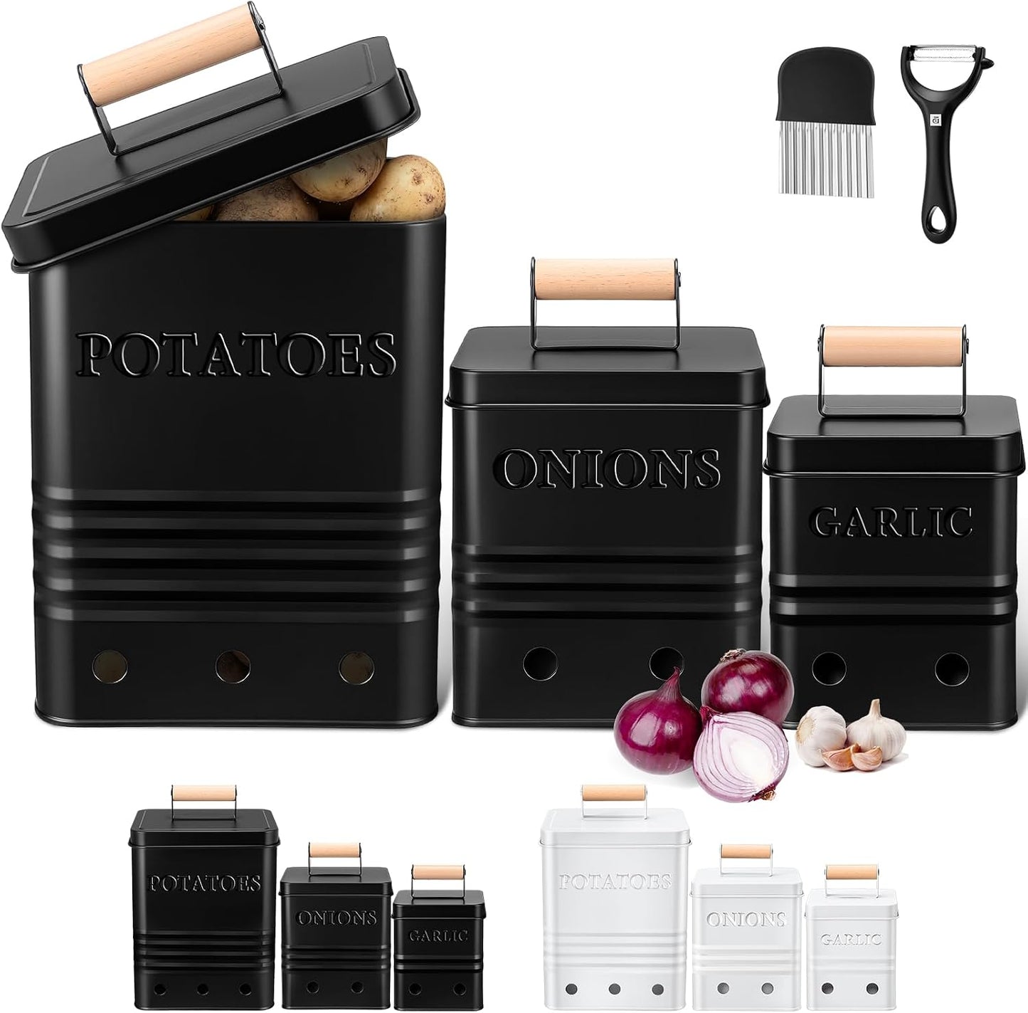 3 Pcs Potato Onion Garlic Storage Bin Metal Vegetable Keeper Container with Lid Aerating Hole Farmhouse Style for Kitchen Counter Pantry Sweet-potato Carrot Fruit Keep Fresh Longer (White)