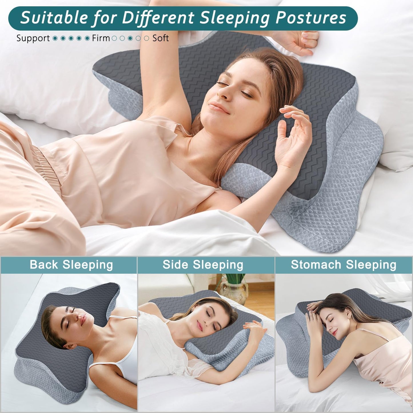 CHxxy Memory Foam Pillows, Cervical Pillow for Neck & Shoulder Pain Relief | Ergonomic Contour Bed Pillow, Soft for Side Sleep Stomach Sleeping and Back Sleeper-Queen Size&Grey