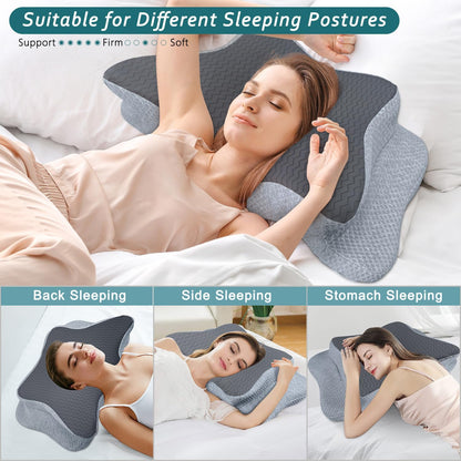 CHxxy Memory Foam Pillows, Cervical Pillow for Neck & Shoulder Pain Relief | Ergonomic Contour Bed Pillow, Soft for Side Sleep Stomach Sleeping and Back Sleeper-Queen Size&Grey