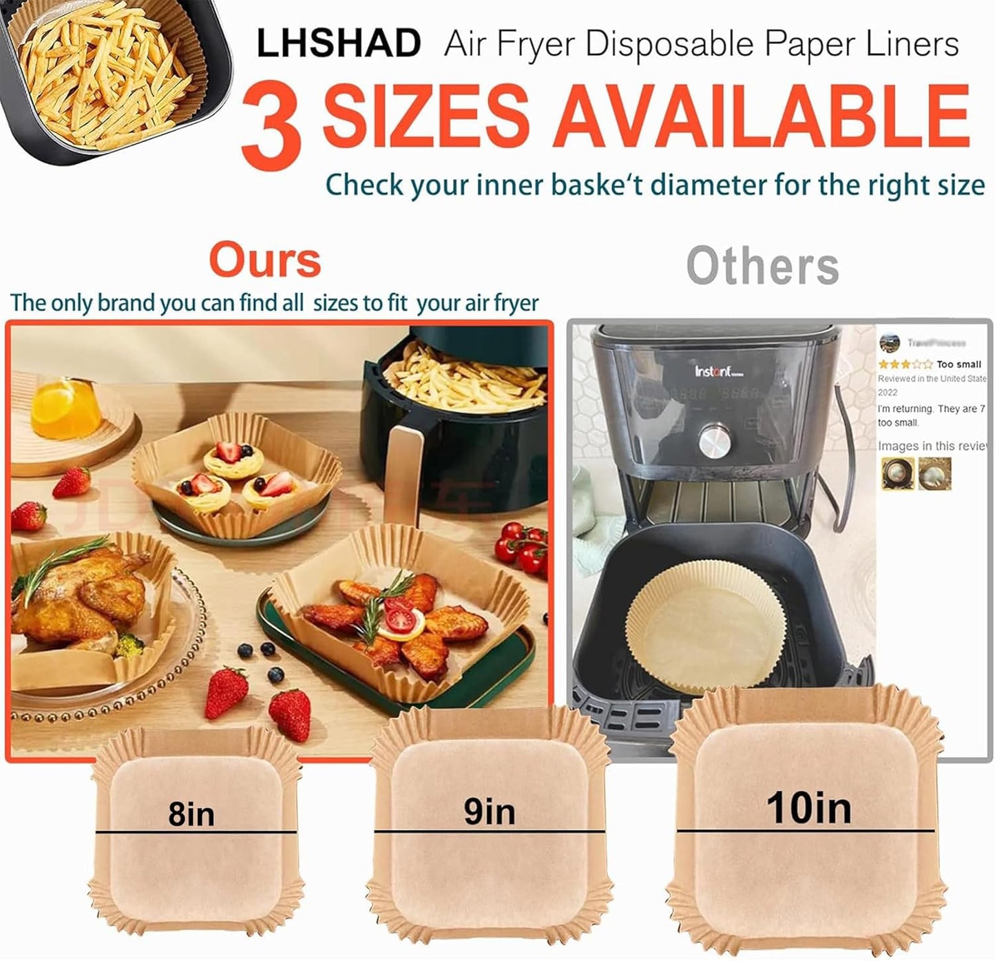 Air Fryer Liners Disposable 9 Inch, 9 inch Air Fryer Liners 125 Pcs Large Square Air Fryer Paper Liners for 5QT 6qt 8QT Air Fryer, Non-stick Parchment Paper for Frying, Baking