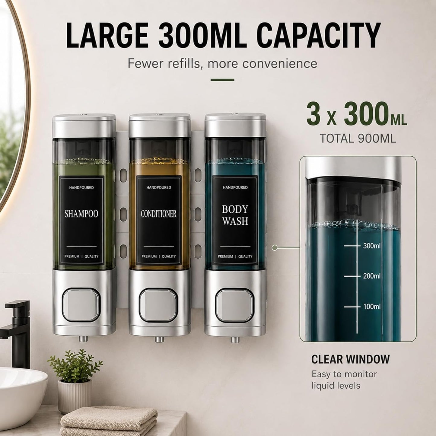 Shampoo and Conditioner Dispenser, Shower Soap Dispenser Wall Mounted, Shower Dispenser 3 Chamber No Drill for Bathroom Large Capacity (Silver)