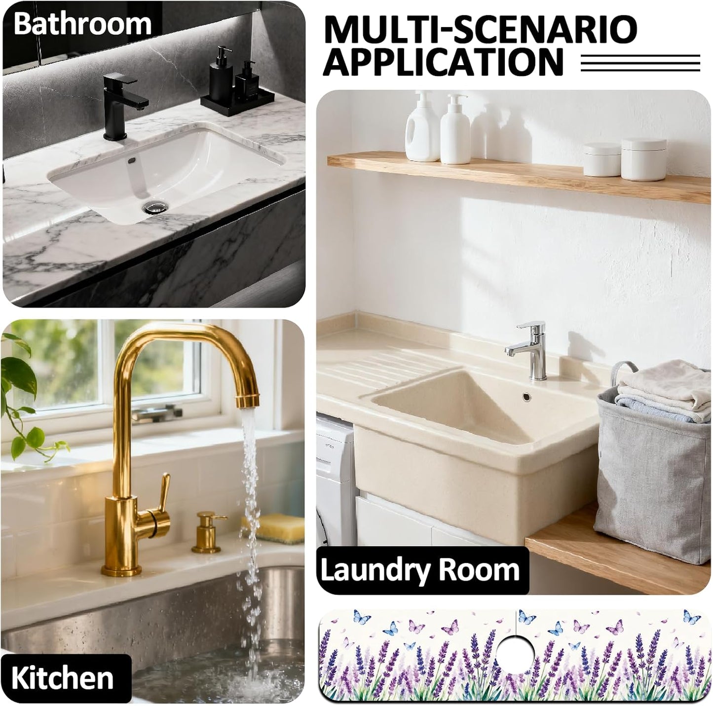 2Pcs Peonies Kitchen Sink Splash Guard Faucet Mat Vintage Florals Faucet Mat For Bathroom Kitchen 5.5x23.6In