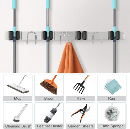 Mop Broom Holder Wall Mount, Gold Stainless Steel Tool Storage Organizer for Kitchen Garden Garage Laundry Room Bathroom and RV with 4 Slots 6 Hooks