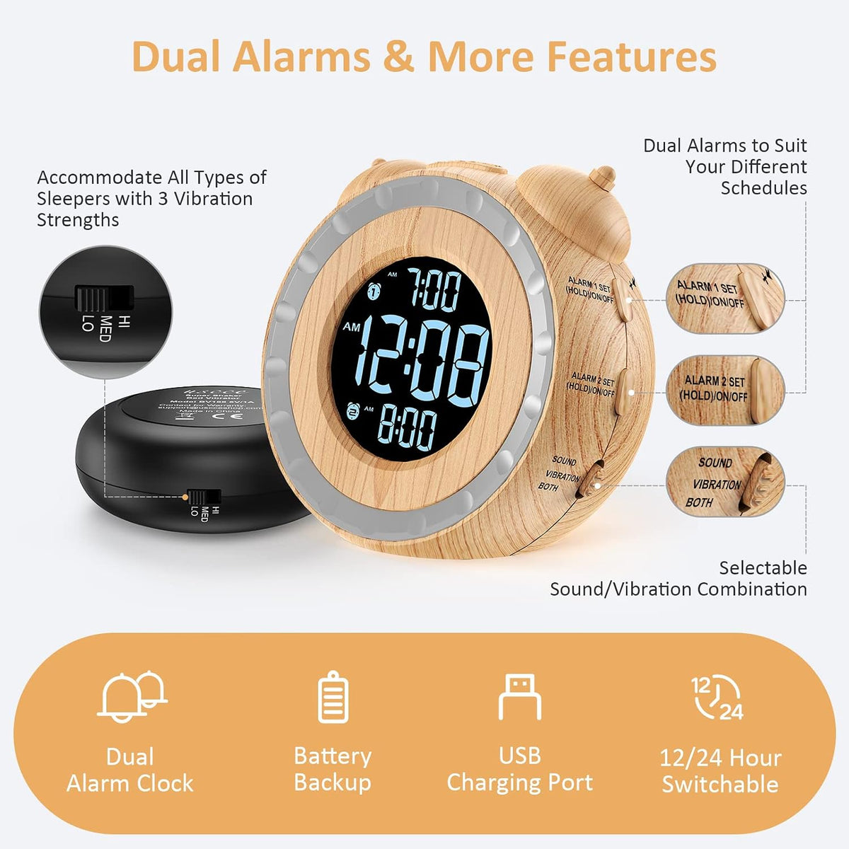 uscce Loud Dual Alarm Clock with Powerful Adjustable Bed Shaker