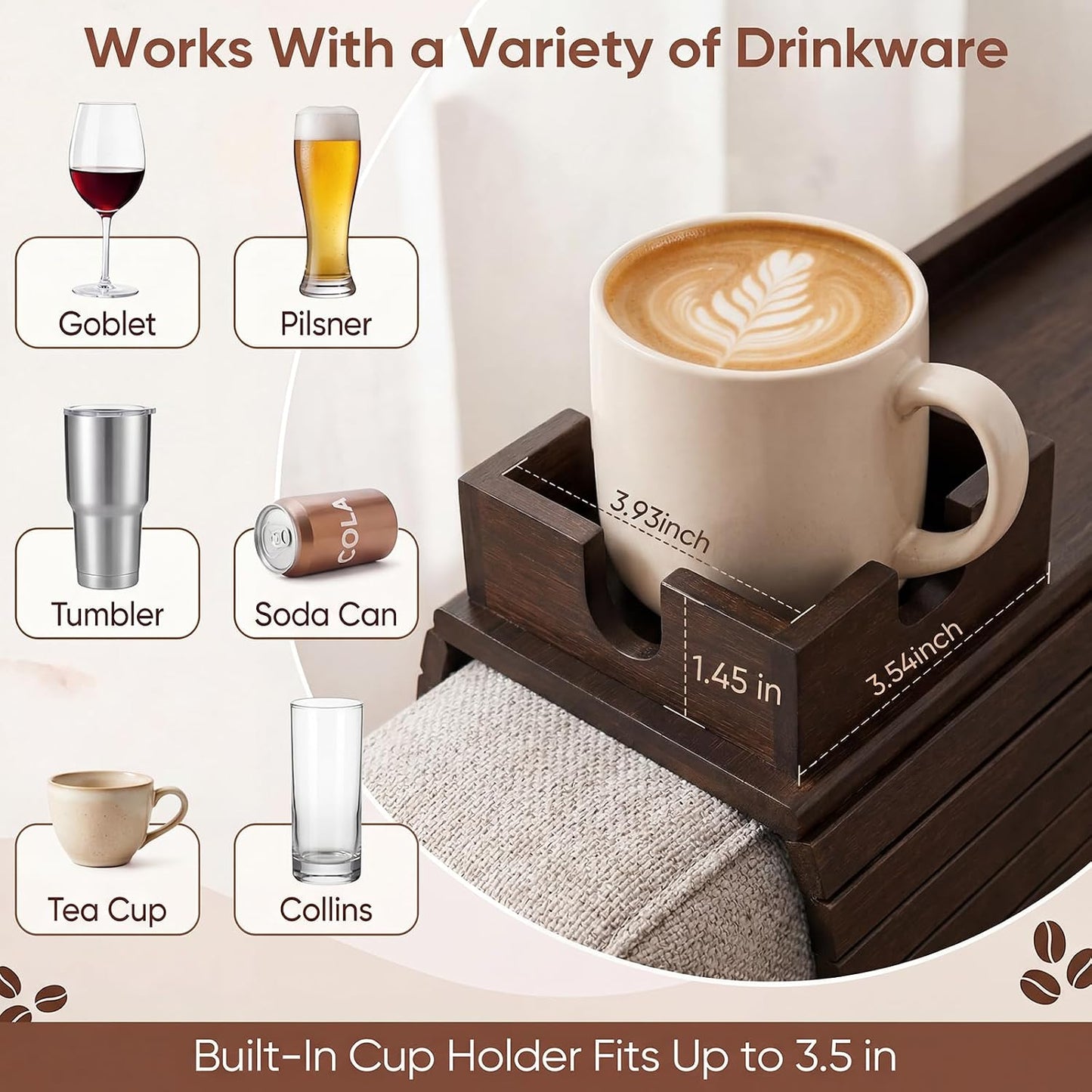 Bamboo Couch Arm Tray Table with Built-in Cup Holder, Foldable Anti-Slip Sofa Armrest Table for Drinks, Phone & Remote, Fits 4.7–16.9 in Armrests, Holds Cups up to 3.5 in Diameter (Bamboo)