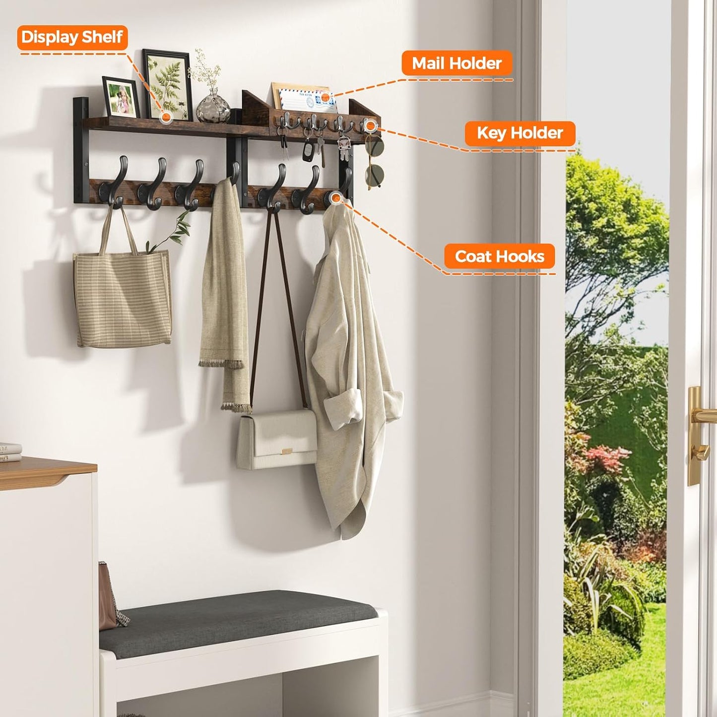 Evermagin 29" Coat Rack Wall Mount with Shelf for Entryway, Rustic Brown | Wall Mounted Coat and Key Rack with Hooks, Key Holder with Mail Organizer for Wall, Living Room, Mudroom, Bedroom