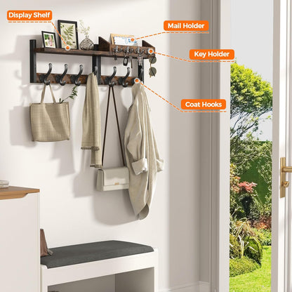 Evermagin 29" Coat Rack Wall Mount with Shelf for Entryway, Rustic Brown | Wall Mounted Coat and Key Rack with Hooks, Key Holder with Mail Organizer for Wall, Living Room, Mudroom, Bedroom