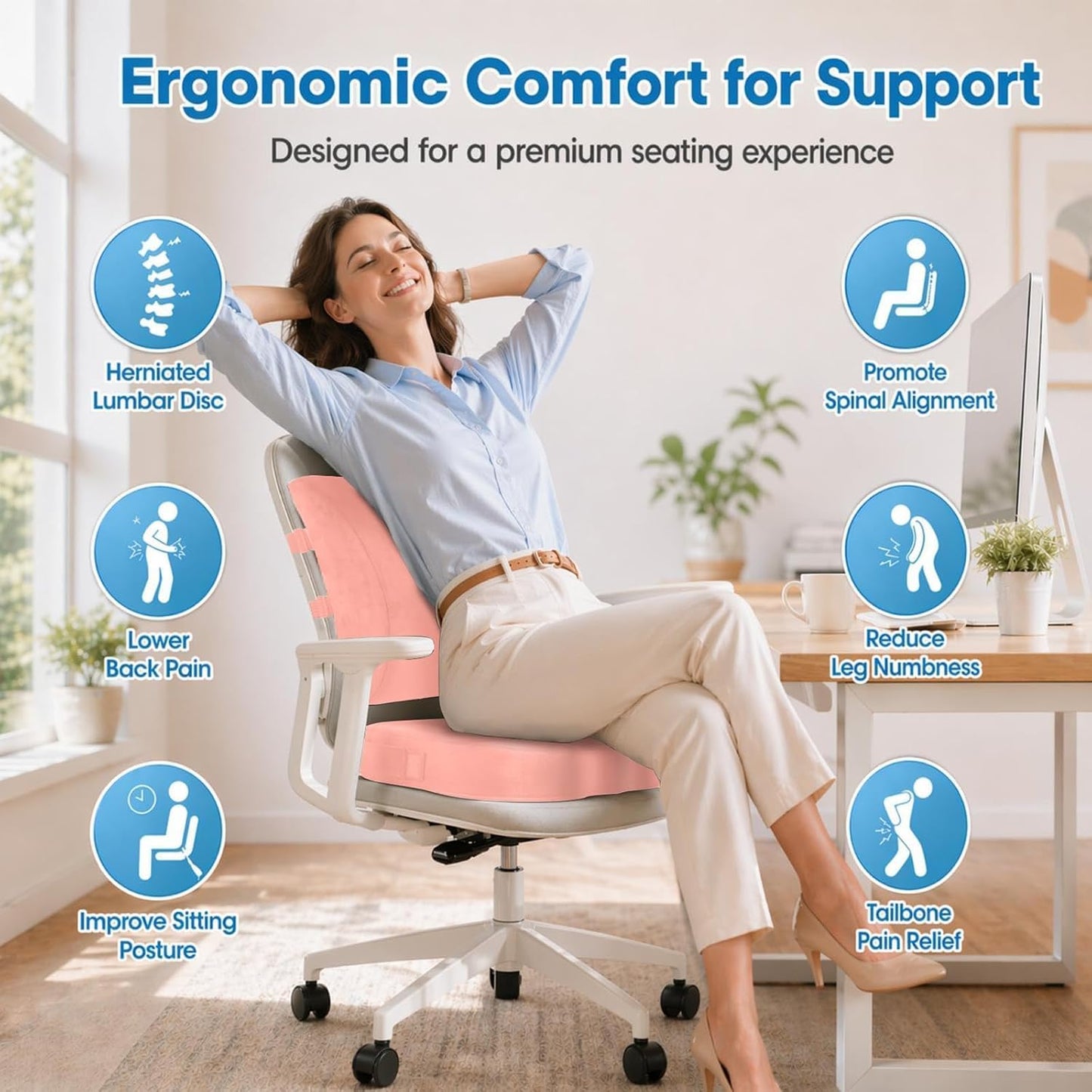 CloudBliss Lumbar Support Pillow & Seat Cushion Set for Office Chair, Desk Chair, Wheelchair & Car – Memory Foam Back Support, Ergonomic Chair Cushions, Sciatica Pain Relief, Home Essentials, Black