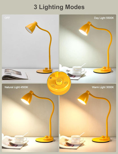 BOHON LED Desk Lamp with USB Charging Port 3 Color Modes Dimmable, Black | Reading Light Intelligent Induction Auto Dimming Task Lamp Neck Flexible Table Lamp for Bedside Office, AC Adapter Include