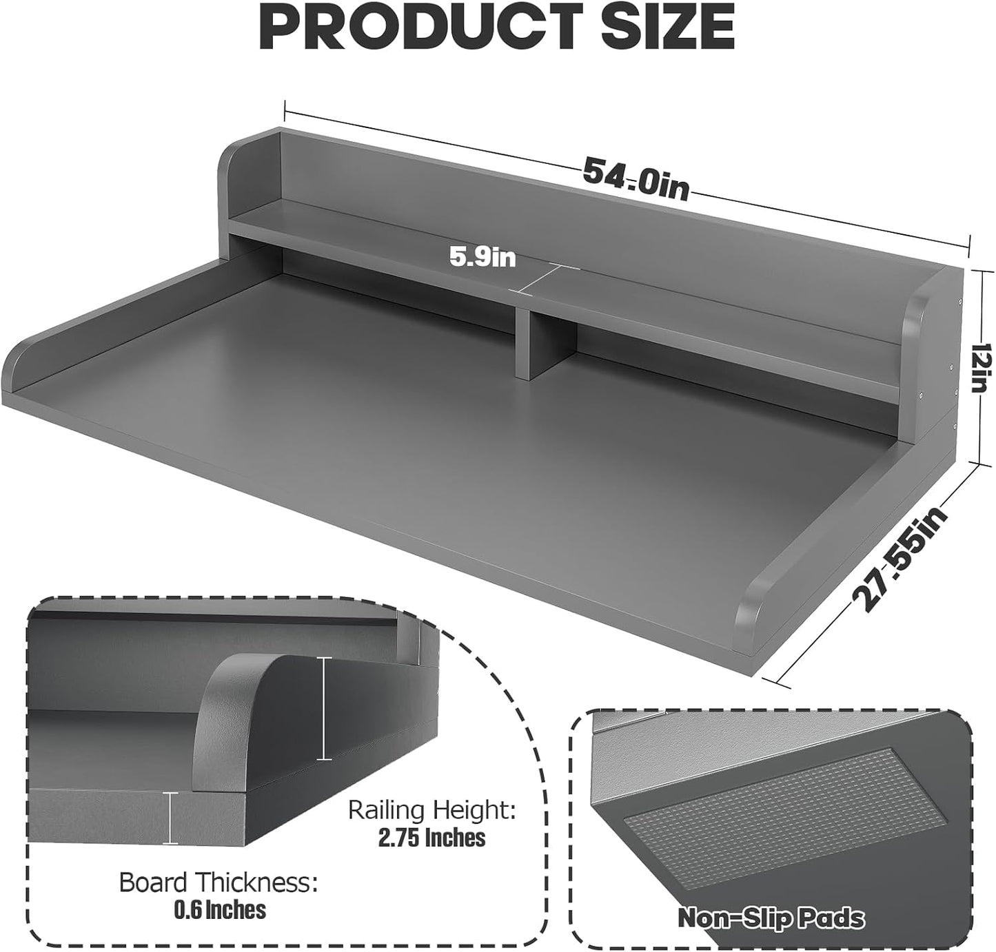 2-Tier Washer Dryer Countertop with 2.75" H Edge Rails, 54" W x 27.55" D Laundry Countertop for Folding Clothes, Washer and Dryer Topper with Non-Slip Pad (Dark Walnut)