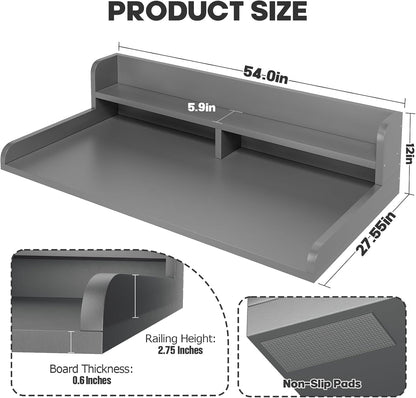 2-Tier Washer Dryer Countertop with 2.75" H Edge Rails, 54" W x 27.55" D Laundry Countertop for Folding Clothes, Washer and Dryer Topper with Non-Slip Pad (Dark Walnut)