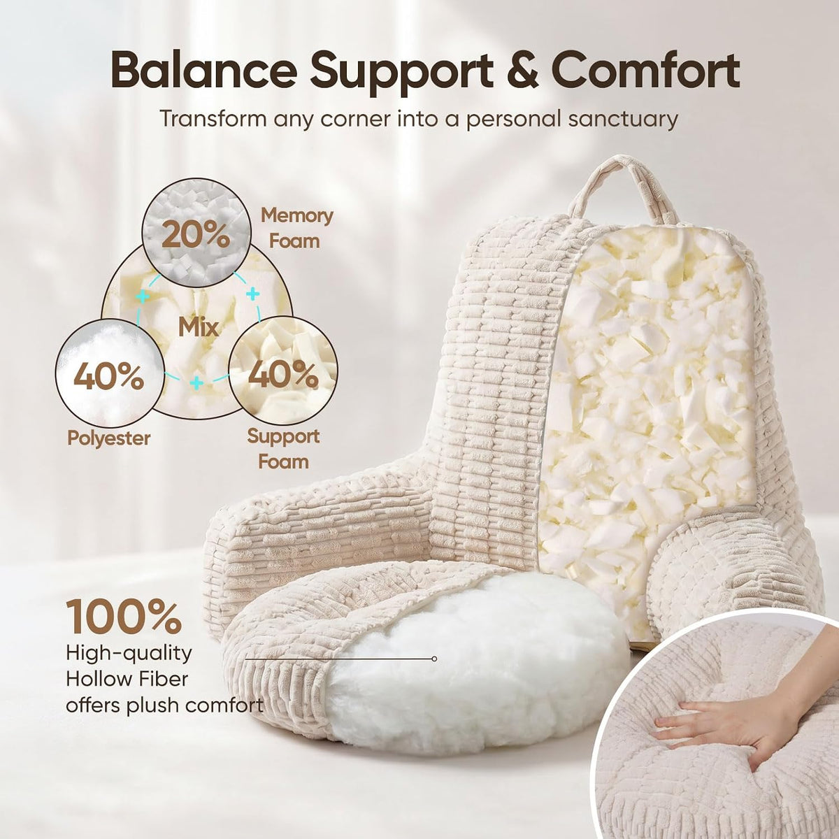 21" Higher Large Reading Pillow for Bed Adult, Back Pillow for Bed Sitting Up with Memory Foam Back Support with Arms Rest for Couch Chair Gray