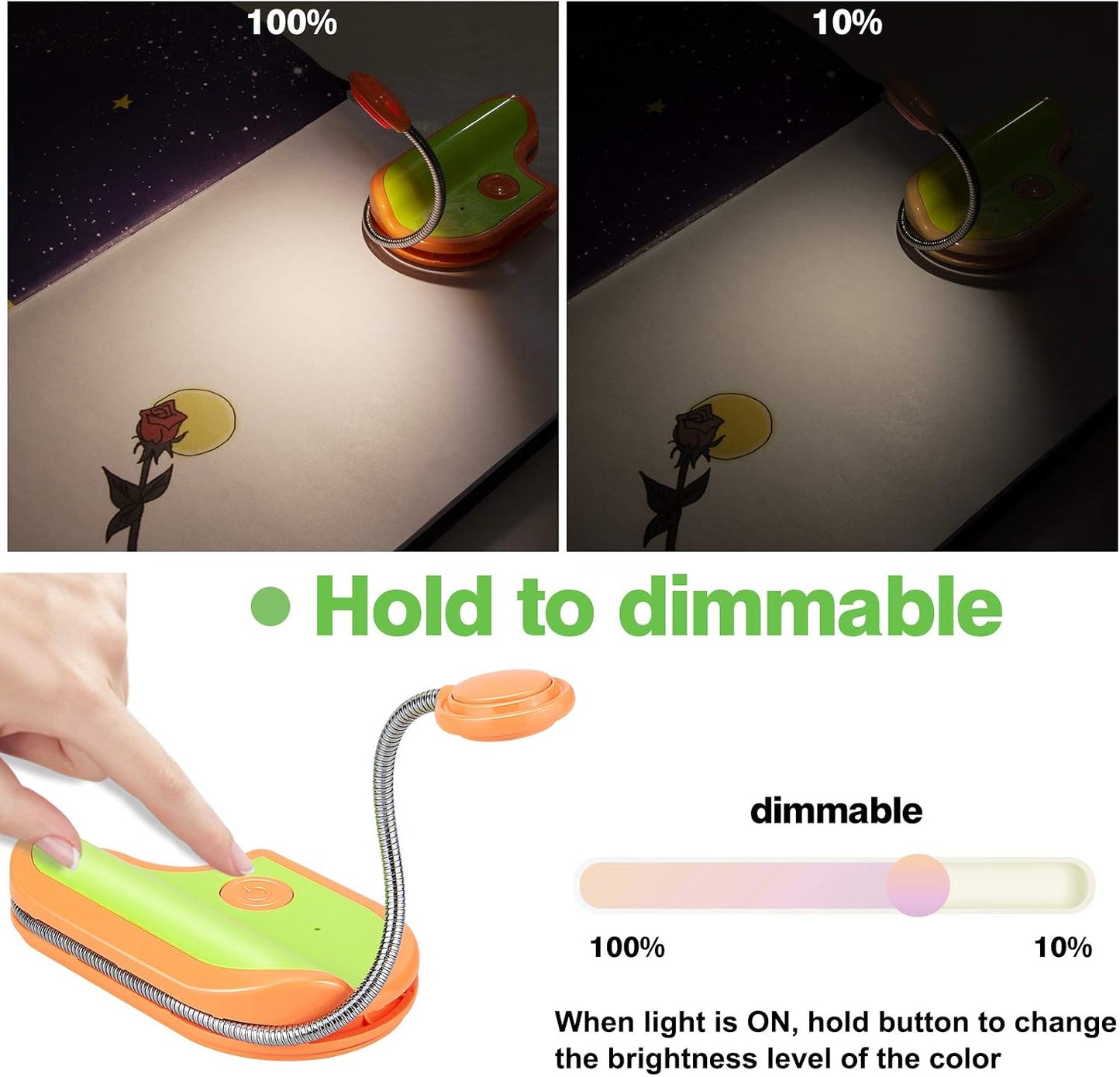 BIGMONAT Rechargeable Book Reading Light in Bed,Dimmable Warm/White Book Light for Kids,Multi Colors Portable LED Reading Lamp with Rotary Light Neck,Wireless Clip on Reading Light for Student(Green)