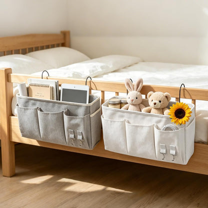 White Bedside Caddy Wall Bag for Dorm Bunk Hospital Beds, Stores Phone Books Glasses