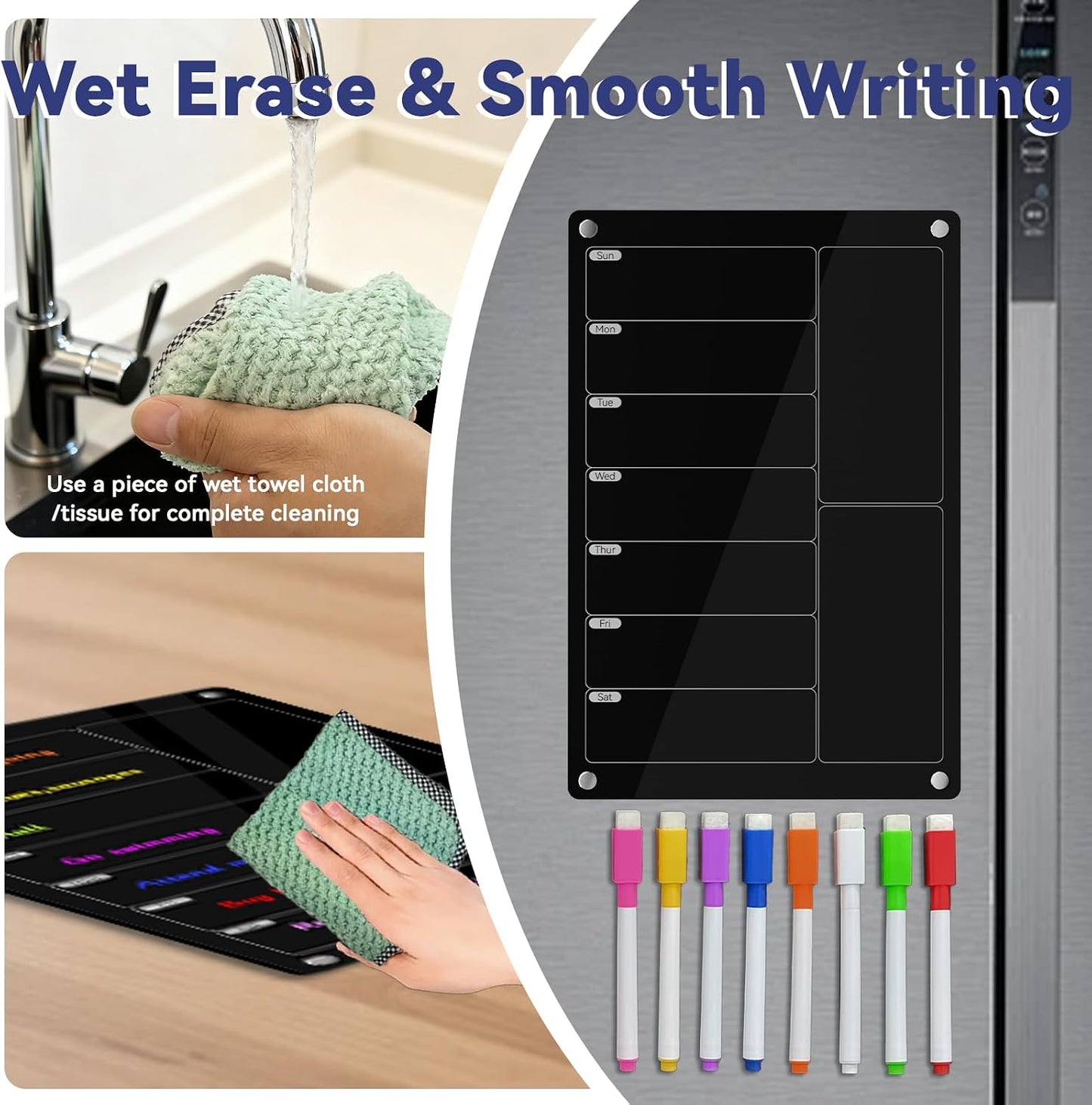 YNGRUE Acrylic Meal Planner Magnetic Menu Board for Kitchen Fridge,Magnetic Black Weekly Calendar Planner Board Refrigerator Dry Erase Board to Do Chore Chart,Grocery/Shopping List,12"x8"