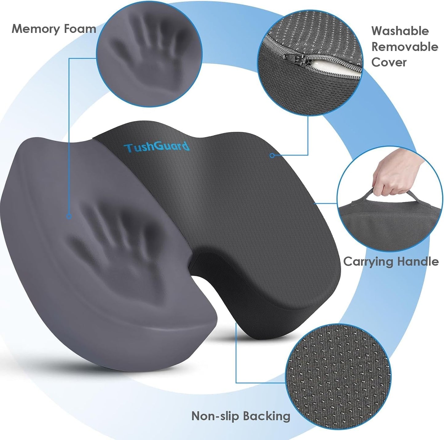 TushGuard Seat Cushion for Office Chair, Car, Memory Foam, Black Large | For Back, Coccyx, Sciatica, Tailbone Pain, Ergonomic Design, Non-Slip, Desk Wheelchair Use, Supportive Butt Pillow, For Man