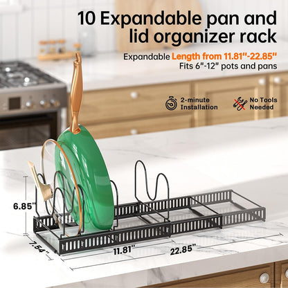 MUDEELA Expandable Pot Pan Lid Organizers inside Cabinet, 10 Divider-Black | Expandable 11.8–22.9", 10 Adjustable Divider, Tool-Free Assembly, Non-Slip, Scratch-Proof, For Pan Lid Cutting Board Bakeware