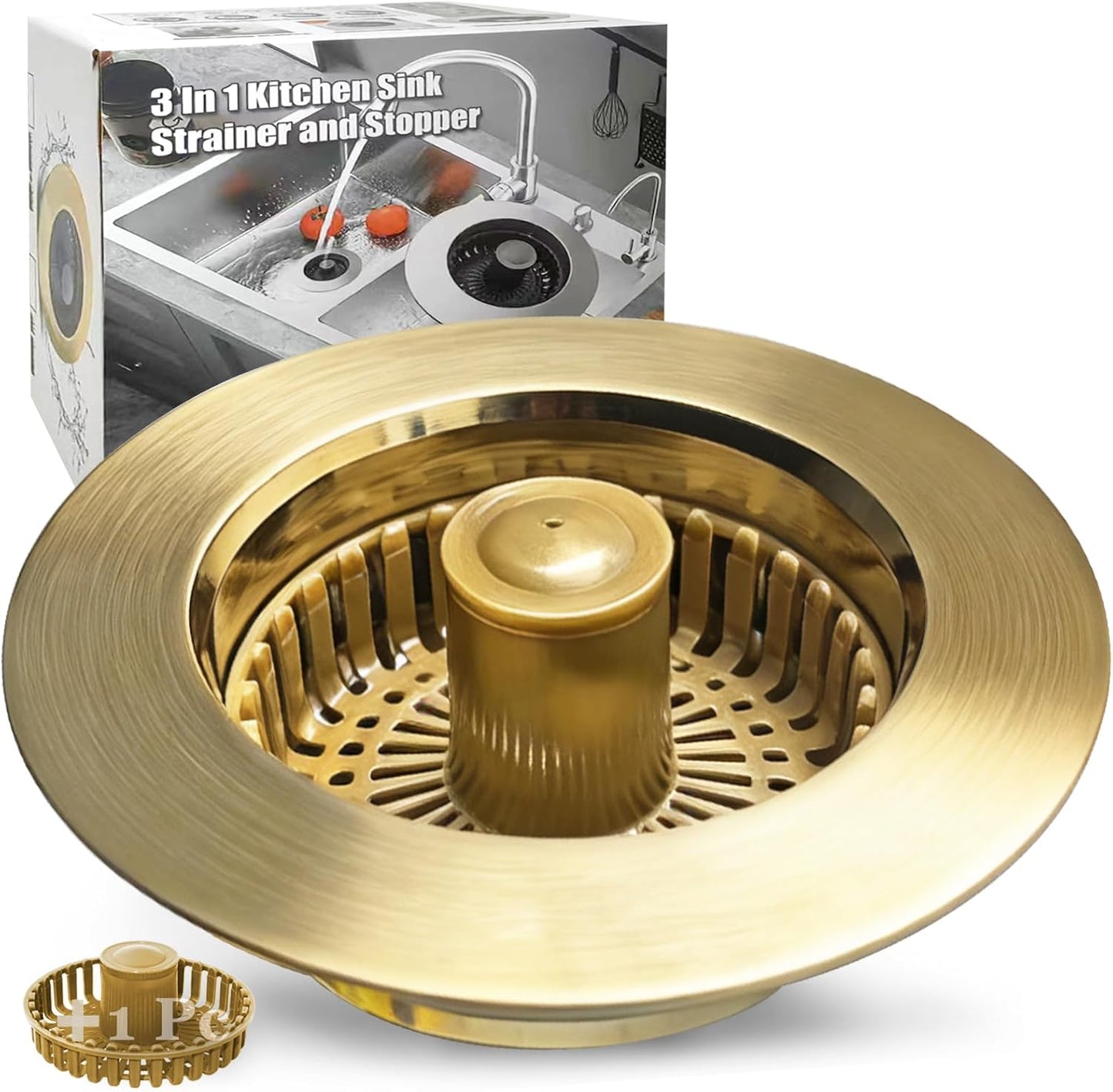 Anlige Kitchen Sink Drain Strainer, 3 in 1 Pop Up Kitchen Sink Stopper, with An Extra Basket Strainer, Universal for US Standard 3-1/2 Inch, Chrome Silver