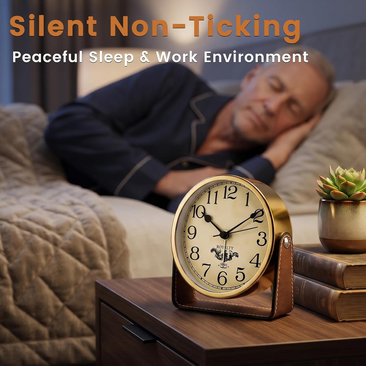 Analog Alarm Clock - 4.5" Silent Non Ticking Small Clock with Light, Rotatable Stand Metal Desk Clock Battery Operated, Simple Design for Living Room Decor/ Bedroom/Bedside/Shelf (Black & White)