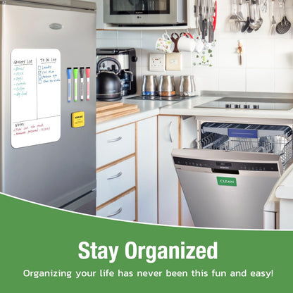 Magnetic Dry Erase Board: Small Fridge Whiteboard, Flexible Refrigerator Magnet White Board, Blank Writing Note Sheet with Dishwasher Magnet Clean Dirty Sign, 4 Markers & Eraser - 12 x 8
