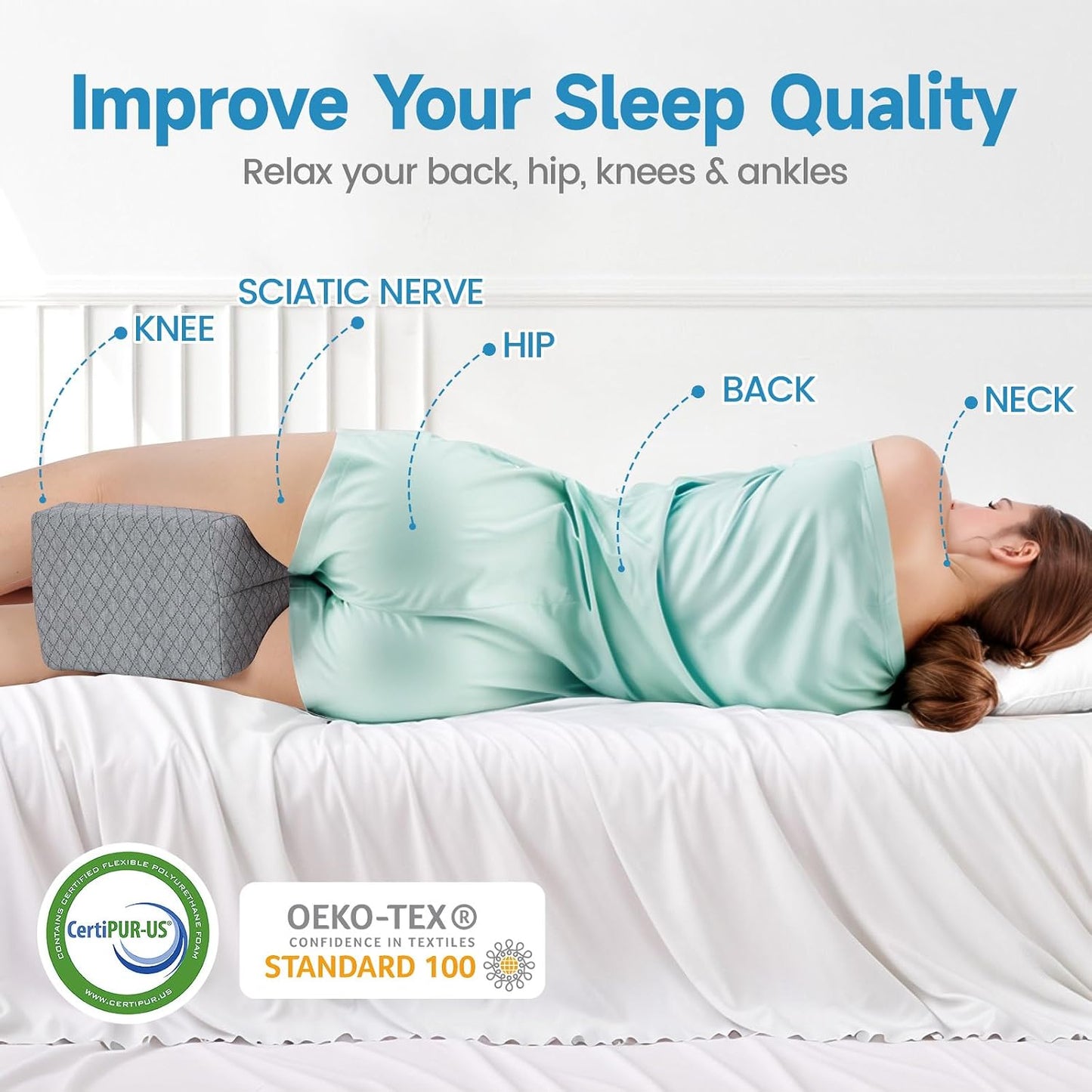 TranquilRelax Knee Pillow for Side Sleepers, Leg Pillow for Side Sleeping | Smooth Pillow for Spine Aligning, Comfortable Memory Foam Pillow for Hip, Back, Sciatica, Knee, Joints Pain (White)