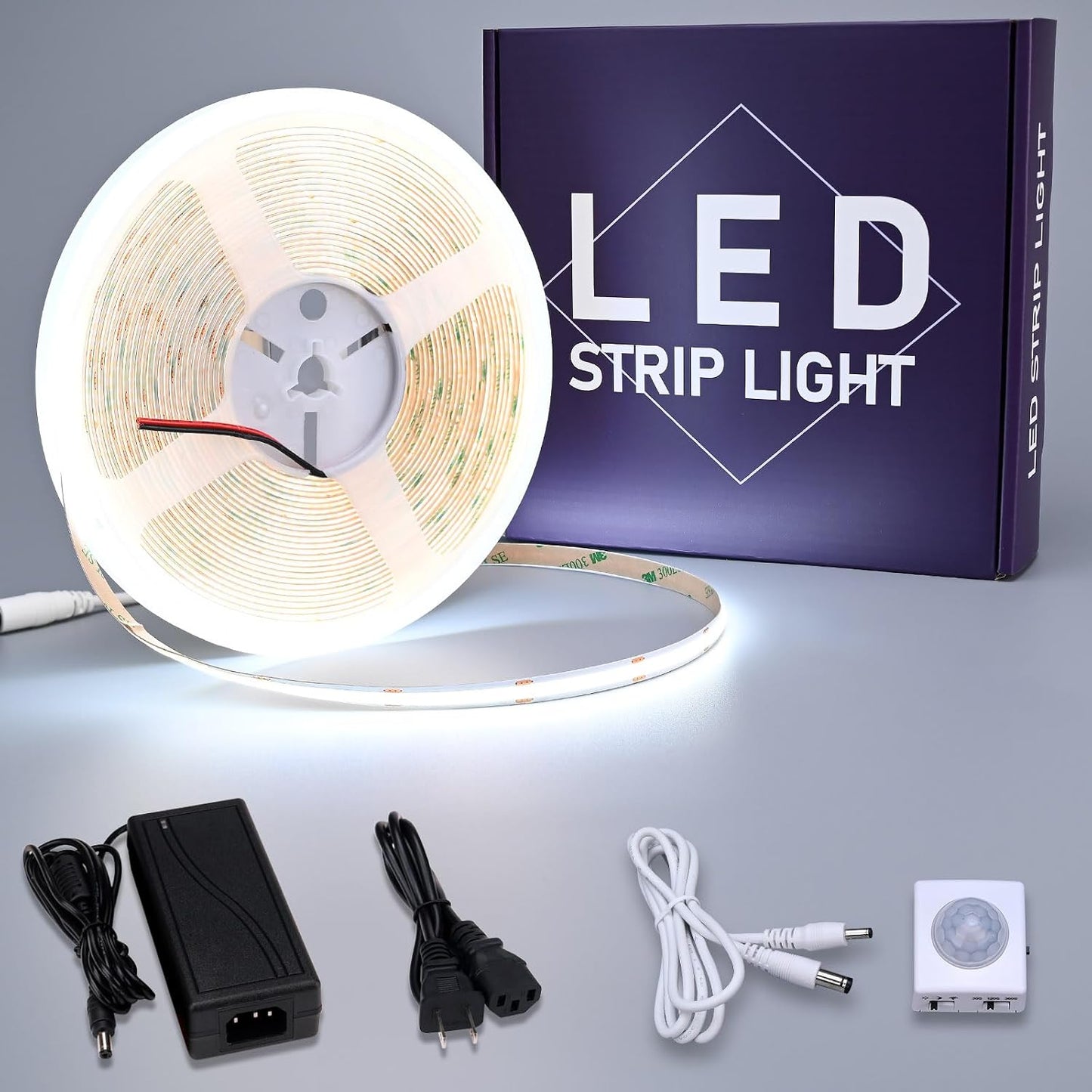 GOMING Motion Sensor COB LED Light Strip 16.4ft(5M) Cool White 6000K | 3 Lighting Modes 3 Timing Off Modes 3 Brightness Modes with Power Adapter for Kitchen Cabinets Stair Showcase Bedroom Bed