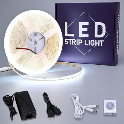 GOMING Motion Sensor COB LED Light Strip 16.4ft(5M) Cool White 6000K | 3 Lighting Modes 3 Timing Off Modes 3 Brightness Modes with Power Adapter for Kitchen Cabinets Stair Showcase Bedroom Bed