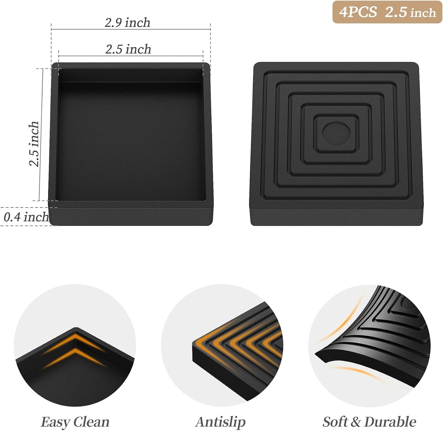 Furniture Coasters Caster Cups Rubber 3.5 inch Square No Slip Pads Hardwood Floors Protectors-for Furniture Legs Sofa Bed Piano Chair Feet Prevent Sliding Stoppers (4, Black Square 3.5 inch)