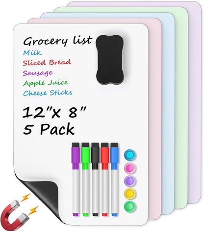 MaxGear Magnetic Whiteboard for Fridge 12x8 White 5 Pack | Strong Magnet, Dry Erase, Reusable, Easy Clean, Stain Resistant, Meal Planner, Grocery List, Family Notes, Kitchen Organizer