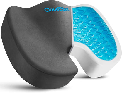 CloudBliss Gel Memory Foam Seat Cushion for Long Sitting, Large, Black | Gel Chair Pad for Tailbone, Coccyx, Sciatica , Soft Suede Cover, Non-Slip , Washable Mesh, for office, home, car