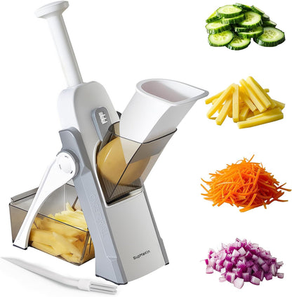 SupMaKin Safe Mandoline Slicer for Kitchen,Adjustable Potato Slicer 1-8 mm | 4 Modes Slice, Strips,Julienne Dicer,Vegetables Slicer Fry Food Cutter,Stainless Steel Blades, Foldable Dishwasher Safe,Gifts