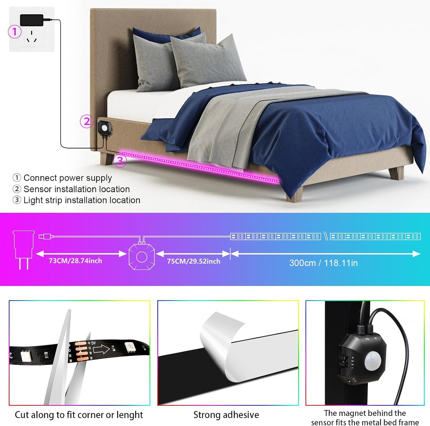 Under Bed Lights 2 Set*9.84ft Motion Activated RGB LED Strip Light, App Control/Variety Color/Dimmable/Dynamic Music Sync/5V USB, Motion Sensor LED Strip Light for Bed Cabinet Staircase Bedroom