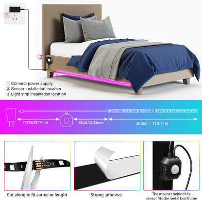 Under Bed Lights 2 Set*9.84ft Motion Activated RGB LED Strip Light, App Control/Variety Color/Dimmable/Dynamic Music Sync/5V USB, Motion Sensor LED Strip Light for Bed Cabinet Staircase Bedroom