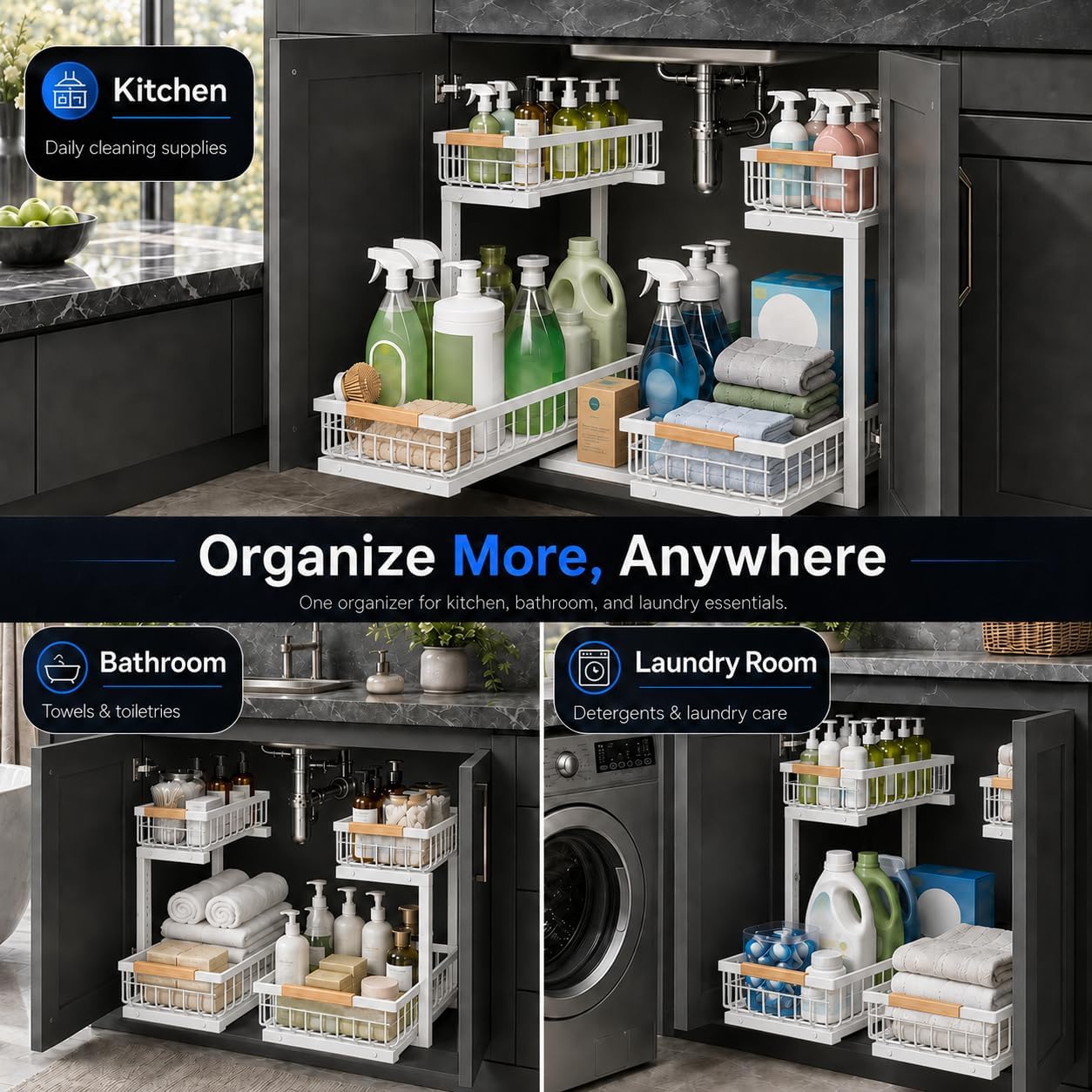 Under Sink Organizer 2 Pack, Double Slide Out Metal Shelf, Black | Pull Out Kitchen Storage Cabinet Organizer, 2-Tier Under Sink Storage Rack for Bathroom Laundry Kitchen Storage with Drawer
