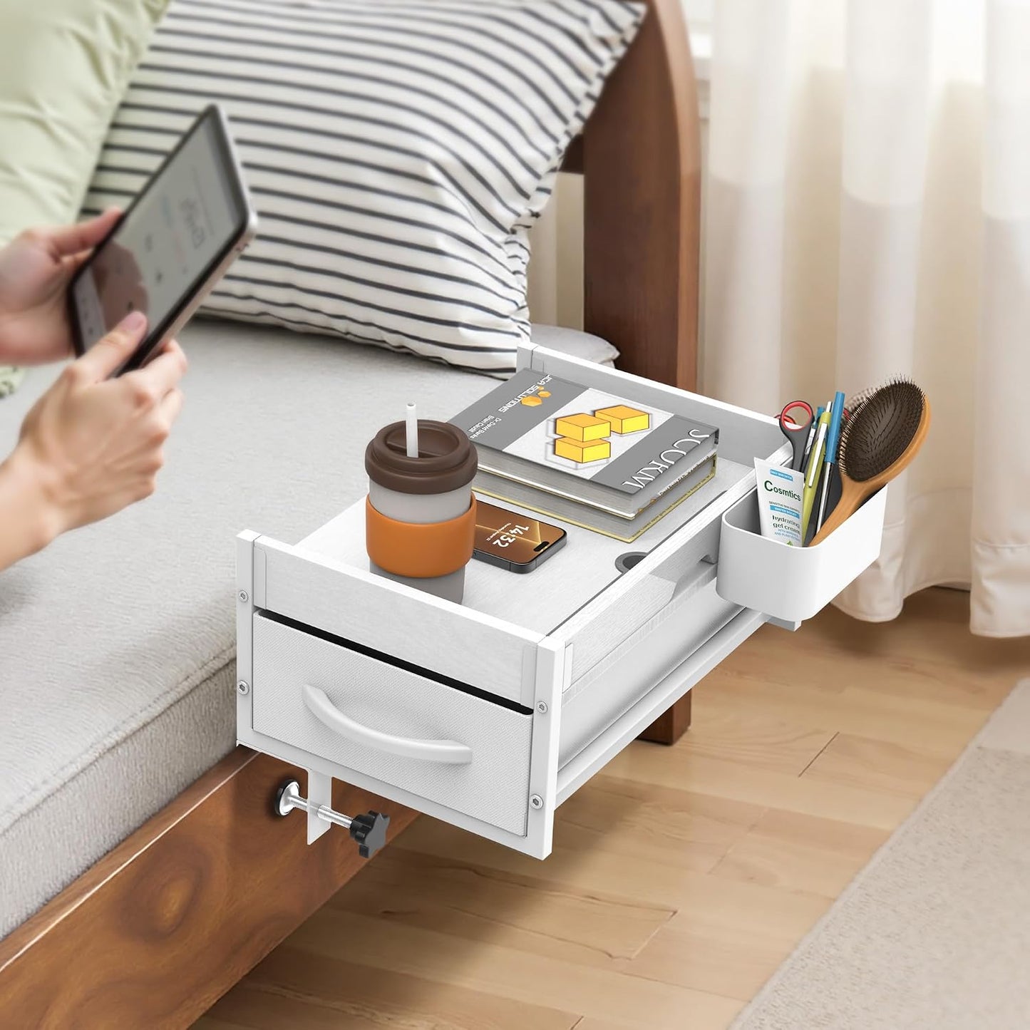 Bedside Shelf for Dorm Room, 2 Tier On Bed Side Table Loft Shelf for Bunk Bed, Bedside Tray with Cable Management, Under Mattress Bedside Shelf, Back to School