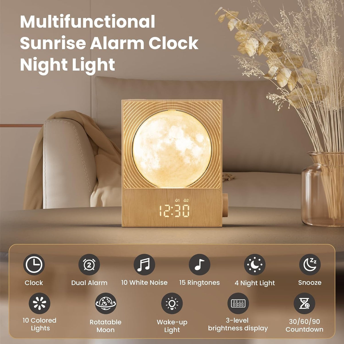 RETEYUNG Sunrise Alarm Clocks Sound Machine Moon Lamp for bedrooms