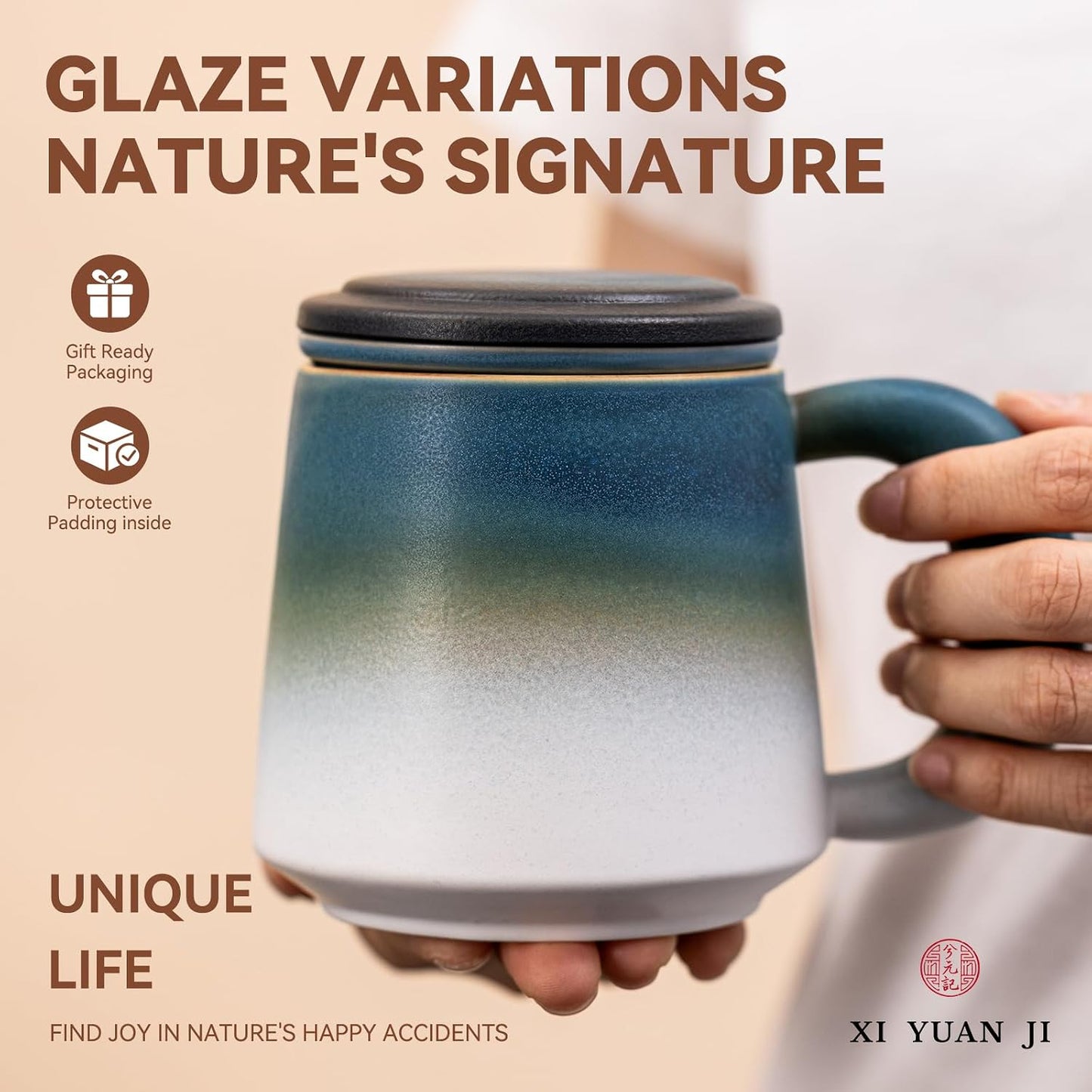 Ceramic Tea Mug with Infuser & Lid, 15oz Kiln-Transformed Unique Cup – Nature's Artisan Design, Loose Leaf Tea Cup with Infuser, Insulated Ceramic Coffee Mugs with Lid, Gift for Women/Men
