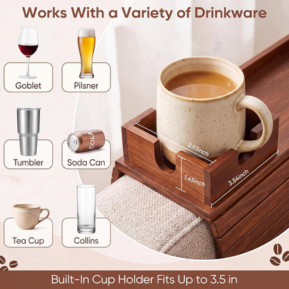 Bamboo Couch Arm Tray Table with Built-in Cup Holder, Foldable Anti-Slip Sofa Armrest Table for Drinks, Phone & Remote, Fits 4.7–16.9 in Armrests, Holds Cups up to 3.5 in Diameter (Bamboo)