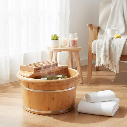 Geelin 10.24 Inch Tall Wooden Foot Bath Bucket with Massage Roller and Lid, Thick Insulated Wooden Foot Basin for Relaxation, Massage Soles, Suitable for Families, Athletes and Elderly (Wood)