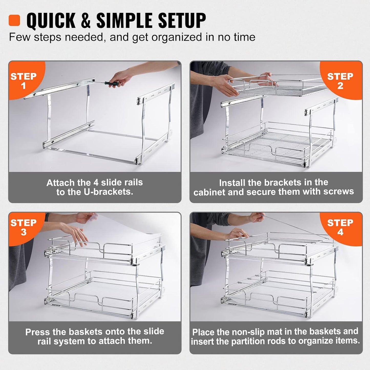 VEVOR Pull Out Cabinet Organizer, 14" Wx21.2 Dx15.2 H Heavy 2 Tier Duty Slide Out Pantry Shelves, Chrome-Plated Steel Roll Out Drawer for Under Sink, 15.5" Wx22.5 Dx19 H Install Size for Cabinet