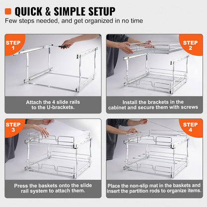 VEVOR Pull Out Cabinet Organizer, 14" Wx21.2 Dx15.2 H Heavy 2 Tier Duty Slide Out Pantry Shelves, Chrome-Plated Steel Roll Out Drawer for Under Sink, 15.5" Wx22.5 Dx19 H Install Size for Cabinet