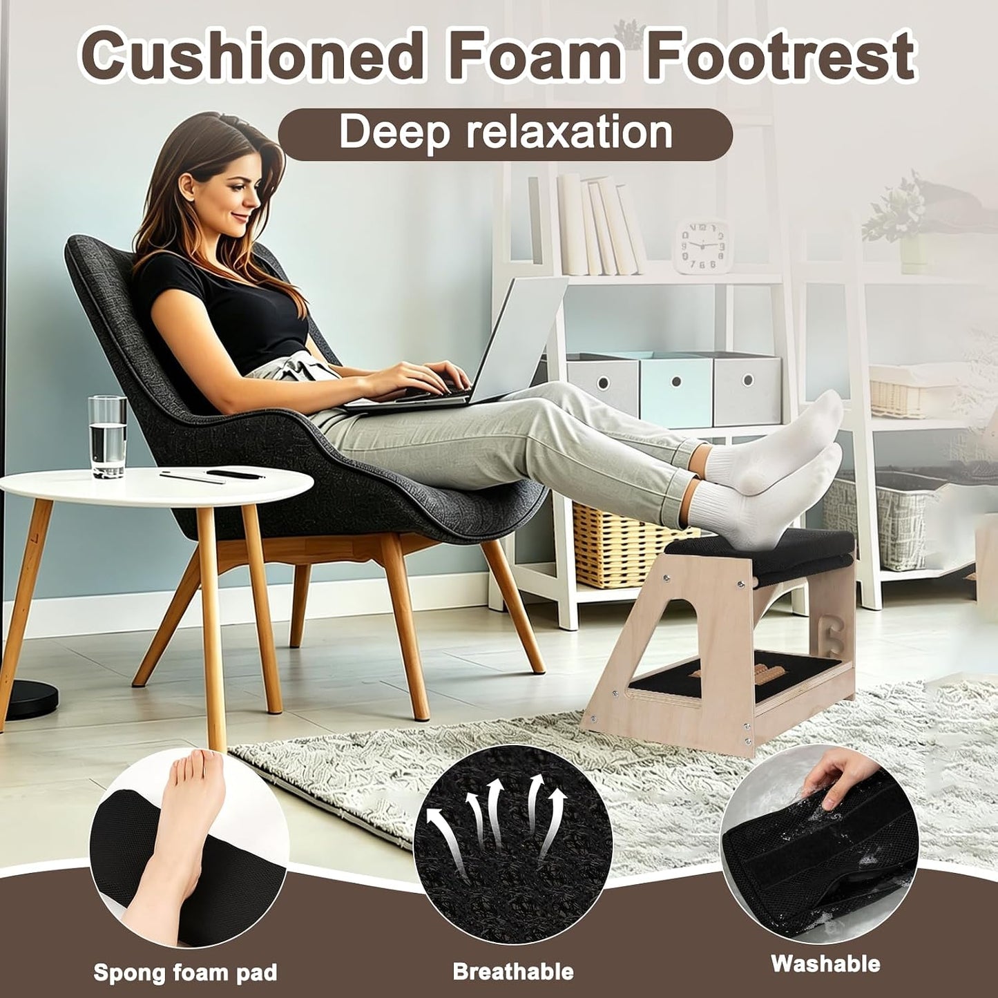 Natheeph Foot Rest Under Desk, Ergonomic Foot Stool with Massage, 4 Height | Top Padded Footrest + 3 Height Settings Massage Board, Desk Foot Rest for Office, Gaming, Living Room, Wooden, Non-Slip Base