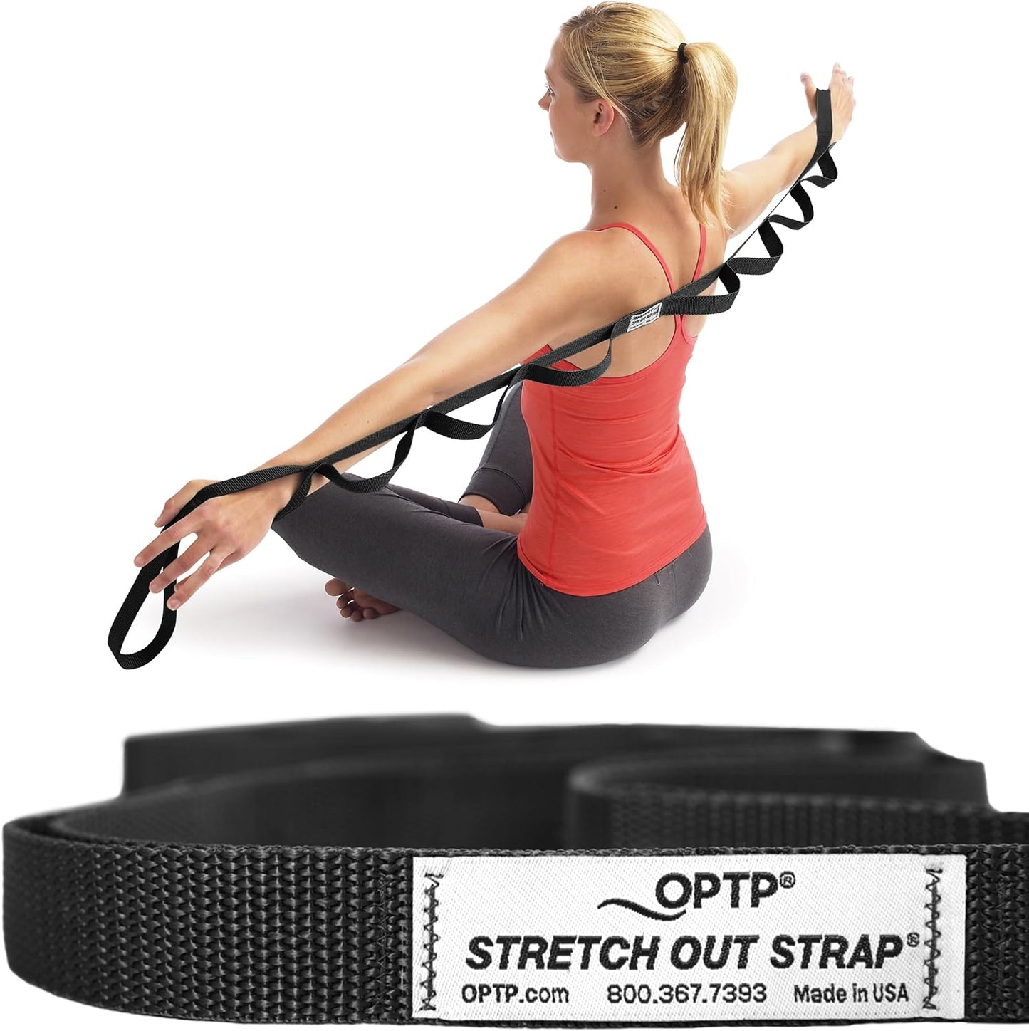 OPTP The Original Stretch Out Strap XL with Exercise Poster, USA Made | Extra-Long stretching strap, Stretch Out Strap for physical therapy, yoga stretching strap for knee therapy, 7'5" long, nylon